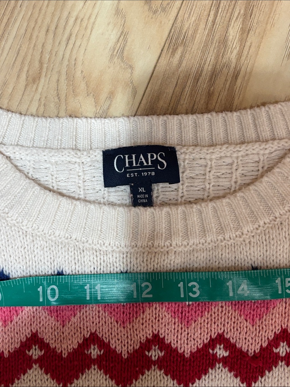 Chaps Cream Cable Knit Sweater with Pink, Red & Blue Fair Isle Pattern XL - Picture 5 of 6
